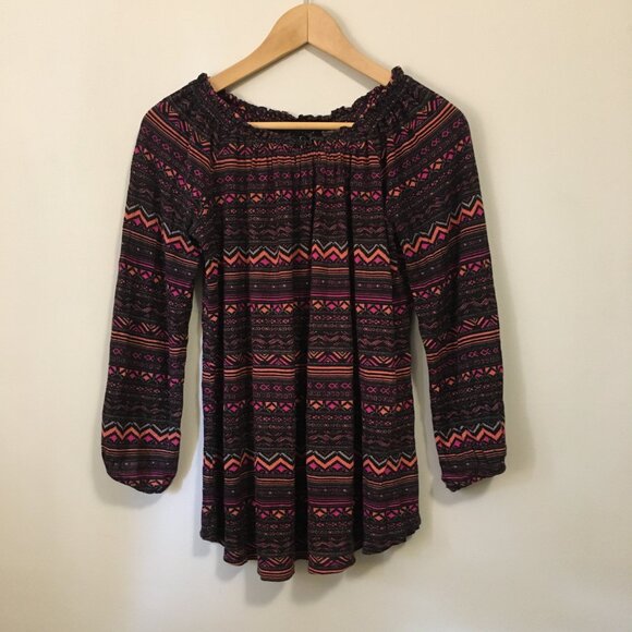 Tribal Print Ruched Smocked Collar Viscose Top - Picture 1 of 16